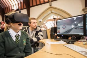 school child watching virtual reality blitz experience